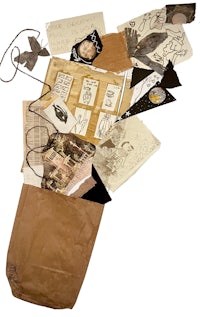 a brown paper bag with a lot of papers in it