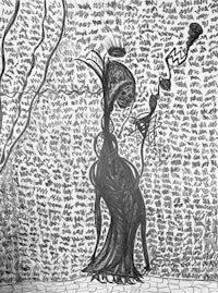 a black and white drawing of a woman in a tree
