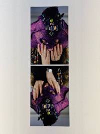two pictures of a woman holding a purple handbag